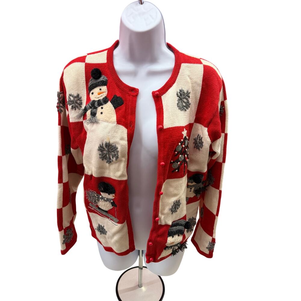 Vintage 1995 Marisa Christina women Small Snowman Checkered cardigan Sweater